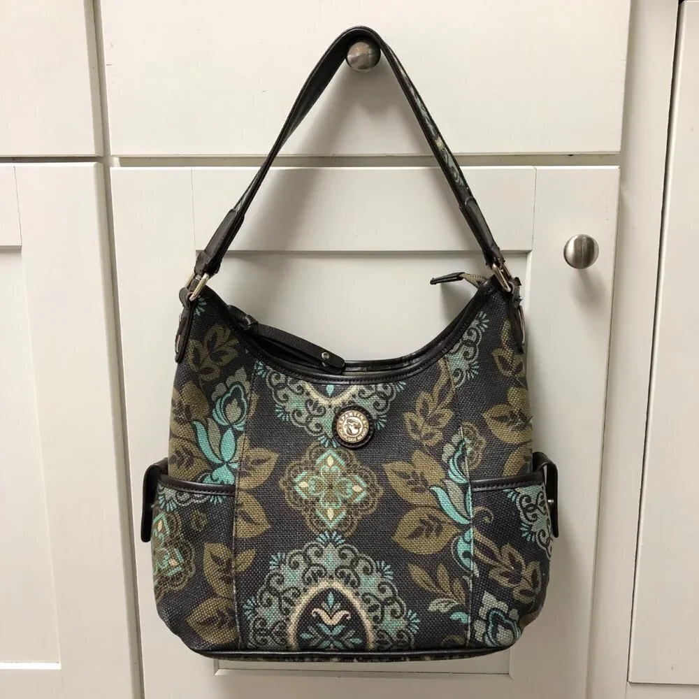 Spartina 449 Aqua Teal Paisley Tote Shoulder Bag Purse Linen Leather Handbag